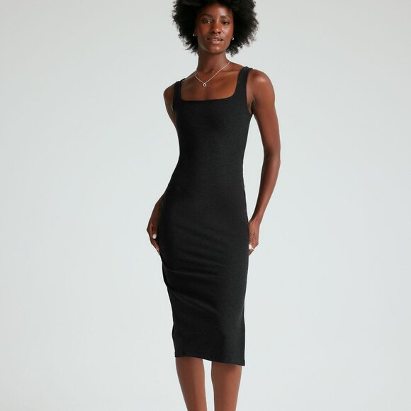 Beyond Yoga Spacedye Icon Midi Dress Sz L Black Square Neck Built In Bra Stretch - Picture 1 of 9